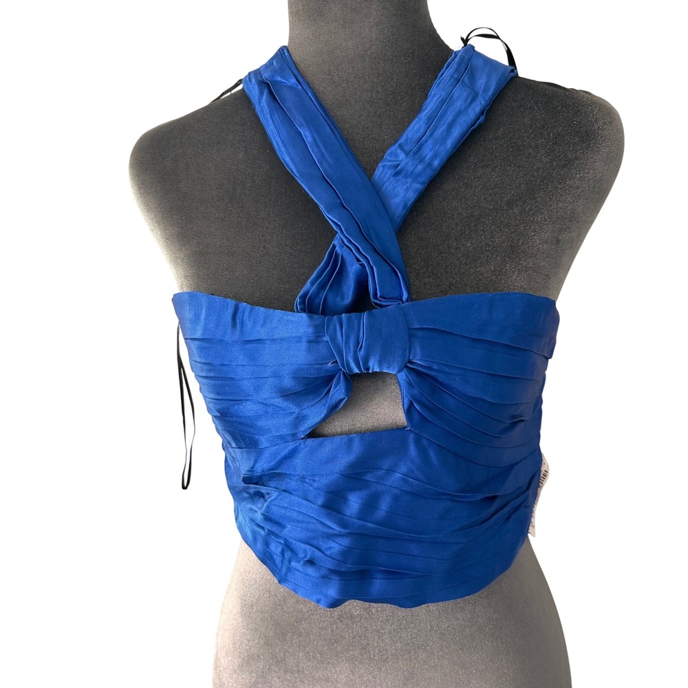 Zara Womens Royal Blue Pleated Knot Front Halter Crop Top Size M 3485/589/420